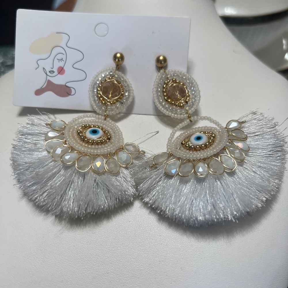 Gold and White Fringe Fan Earrings